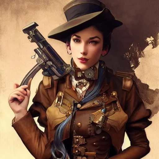 Image similar to Three quarters portrait of a beautiful steampunk female holding gun, highly detailed, digital painting, art by Stanley Lau and Artgerm and magali villeneuve and Alphonse Mucha, artstation, octane render, cgsociety