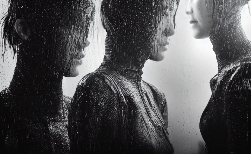 Image similar to cinestill 5 0 d candid photographic portrait by christopher nolan of two loving female androids wearing rugged black mesh techwear in treacherous waters, extreme closeup, modern cyberpunk moody sobbing cinematic, pouring rain menacing lights shadows, 8 k, hd, high resolution, 3 5 mm, f / 3 2, ultra realistic faces, ex machina