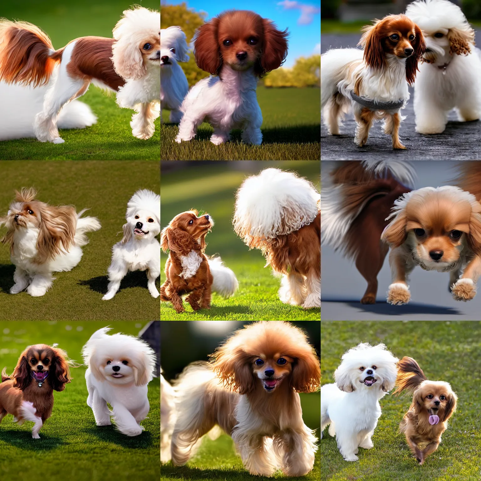 Prompt: a photorealistic closeup image of a cute brown colored long haired chihuahua cocker spaniel dog playing with a happy white bichon frise dog at central park. brightly lit. extreme detail. 4 k hd unreal engine