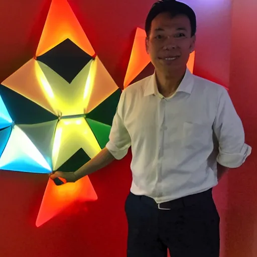 Image similar to a vietnamese daytrader named jay standing proudly in front of triangular nanoleaf led lights on his wall