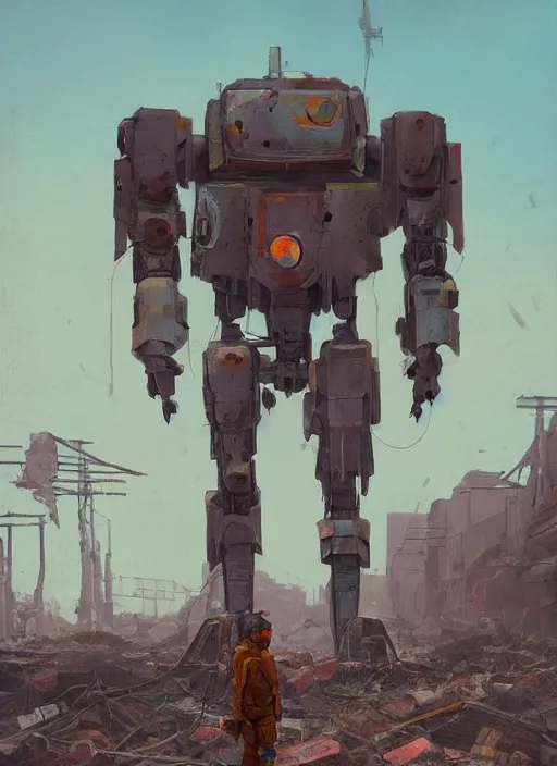 Prompt: a bipedal mech standing among the rubble of a destroyed city by simon stalenhag, artstation, mecha, military, science fiction, digital painting