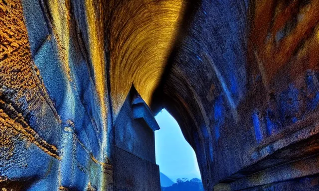 Image similar to beautiful photograph of a vertical tunnel made of raindrops in the blue sky, between a dried up river and the sun, highly-detailed, fantastic, dramatic lighting, artstation, 4k