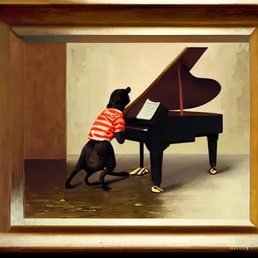 Image similar to a dog playing piano, painted by Craig Mullins