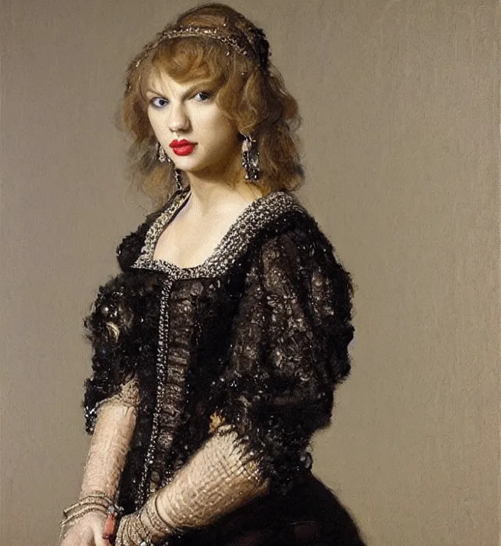 Prompt: an extremely detailed beautiful oil painting of taylor swift! art by rembrandt, portrait, awe inspiring, 1 6 0 0 s fashion, beautiful