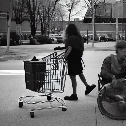 Image similar to a photograph of homeless jesus pushing a shopping cart