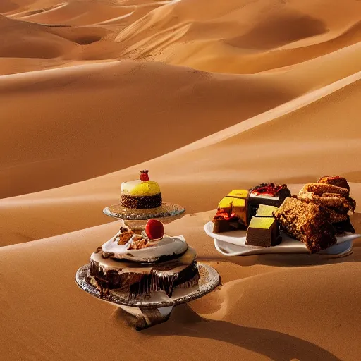 Prompt: desert full of all kinds of desserts, photography by bussiere rutkowski andreas roch