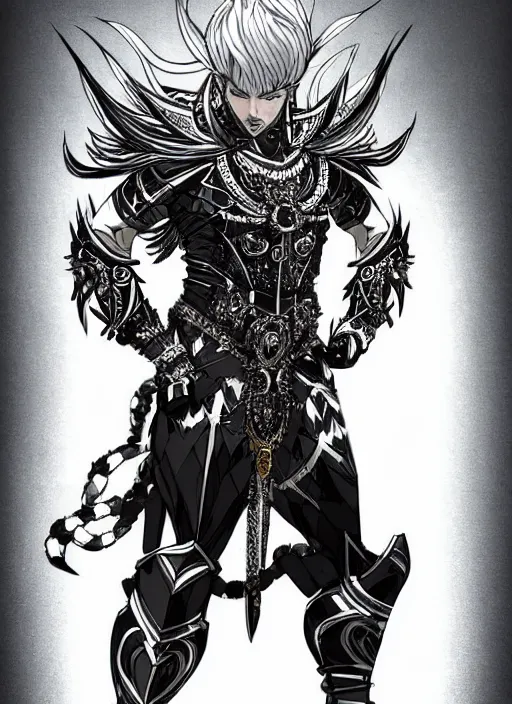 Image similar to Full body portrait of god with silver hair, half man half wolf, wearing ornate attire. In style of Yoji Shinkawa and Hyung-tae Kim, trending on ArtStation, dark fantasy, great composition, concept art, highly detailed, dynamic pose.