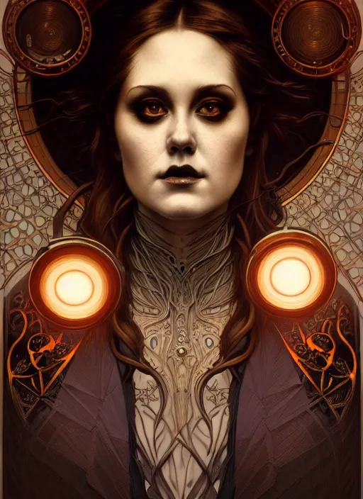 Image similar to portrait of the artis adele glowing eyes, volumetric lights, feast, music notes, art nouveau botanicals, gothic, intricate, highly detailed, digital painting, artstation, concept art, smooth, sharp focus, symmetric face, illustration, steampunk, art by artgerm and greg rutkowski and alphonse mucha