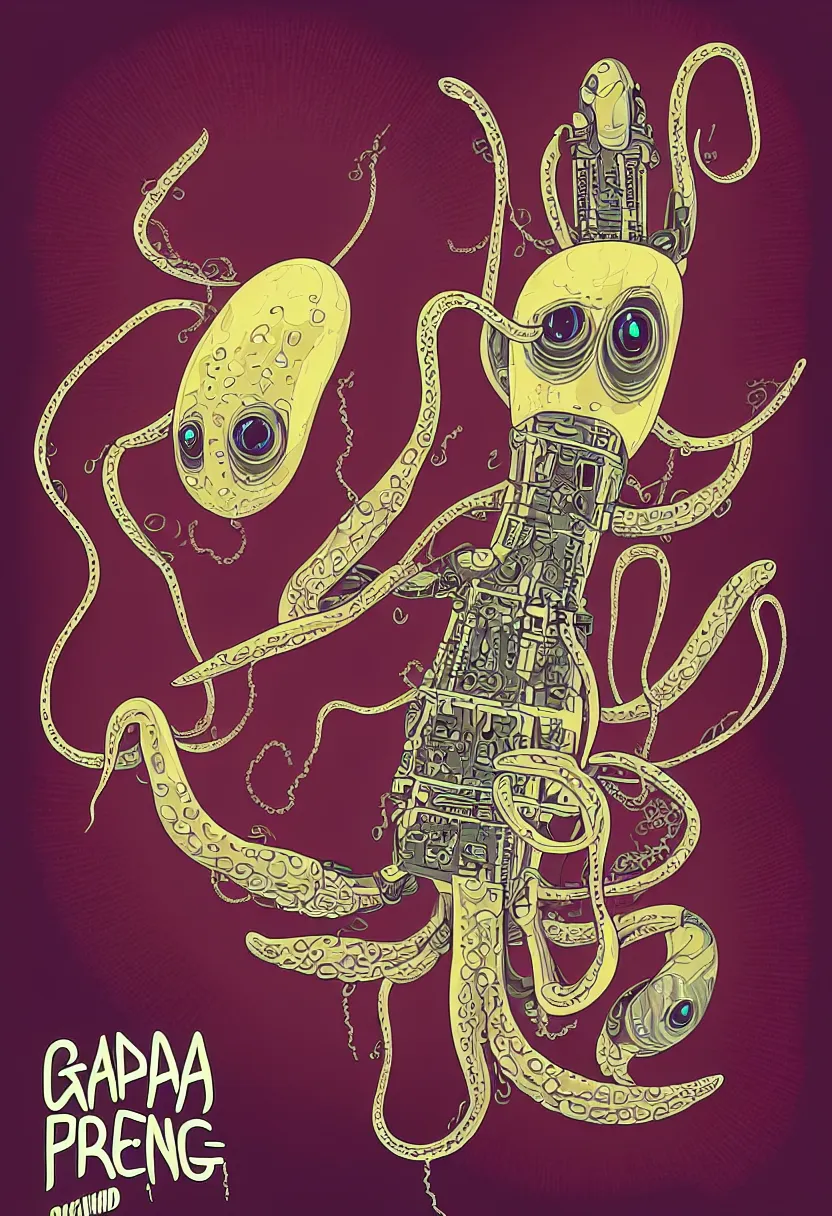 Image similar to concert poster for'grandpa finger ', dying robotic squid, symmetrical vector art, 8 k, highly detailed illustration