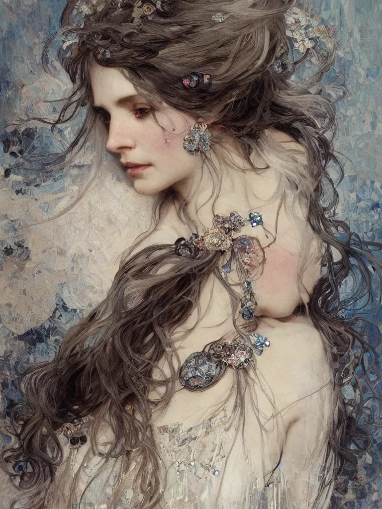 Image similar to a highly detailed beautiful white haired woman, adorned with precious stones, intricate line drawings by jeremy mann and alphonse mucha, 8 k resolution, trending on artstation, very very detailed, masterpiece, stunning,