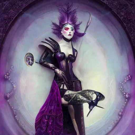 Image similar to by tom bagshaw, photorealistic portrait of a curiosities carnival, single beautiful in a full gothic armor, multiple dyed colors purple black lustrous thin haircut, marvel, symmetry accurate features, focus, rainbow lighting, very intricate details, award winning masterpiece, ultra deep fog background