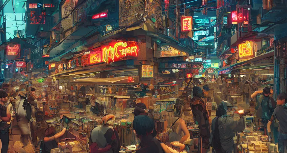 Prompt: a cyberpunk nightmarket with people and animals are shopping in the nightmarket with gun shops, pawn shops, computer shops, electric shops around the year 2 0 3 0, cinematic, magic world, hyper detailed, trending on artstation