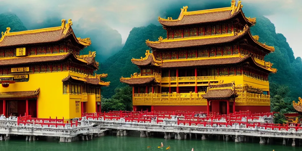 Image similar to a very high resolution image from a new movie, upside - down old yellow chinese temple, beautiful scenery, photorealistic, photography, directed by wes anderson