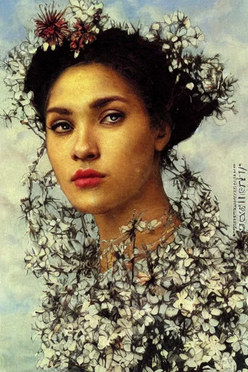 Image similar to close - up fashion black woman portrait airy flowers cloudy sky art by vasnetsov