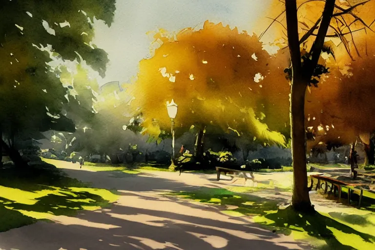 Prompt: small centered on watercolor paper, paint brush strokes, abstract watercolor painting of city park, daylight, shadows, covering foliage over pathway, sunlight, translucent leaves, cinematic light, national romanticism by hans dahl, by jesper ejsing, by anders zorn, by greg rutkowski, by greg manchess, by tyler edlin