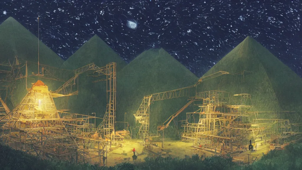 Prompt: a movie still from a studio ghibli film showing an industrial mining runoff storage facility, and a pyramid under construction, in the rainforest on a misty and starry night. by studio ghibli