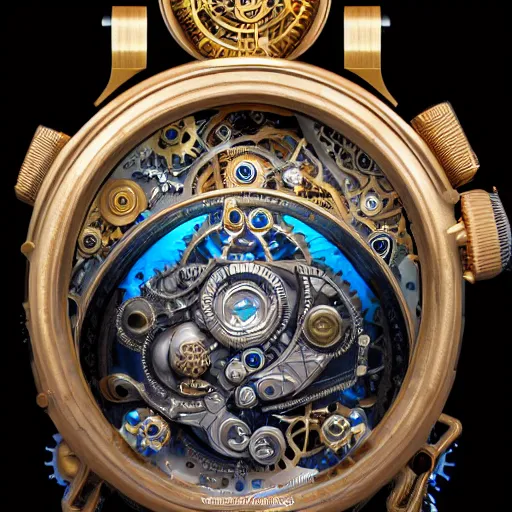 Prompt: a steampunk Jaquet Droz Magic Lotus Automaton, highly detailed illustration highlights, gold and silver highlights, neon blue highlights, macro photography, F/2.8, trending on artstation, octane render