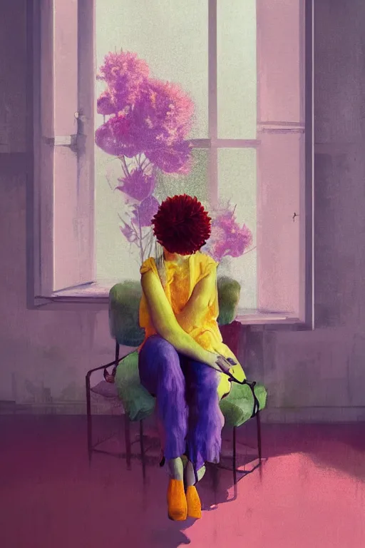 Prompt: closeup, huge flower head, woman sitting on big chair by a tall window, surreal photography, studio light, impressionist painting, digital painting, artstation, simon stalenhag