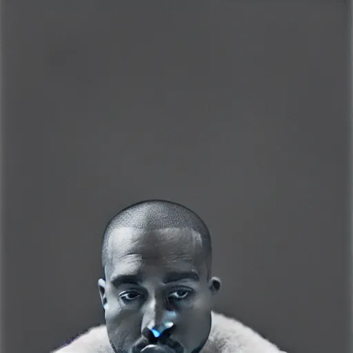 Image similar to a chiaroscuro lighting portrait of kanye west dressed as rick owens, black background, portrait by julia margaret cameron, shallow depth of field, 8 0 mm, f 1. 8