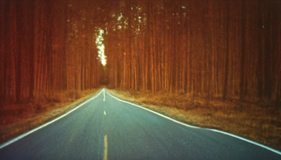 Prompt: 7 0 s film still from a horror about a long dark road, kodachrome, cinecolor, cinestill, film grain, film texture, retro, cinematic, high resolution, photorealism,