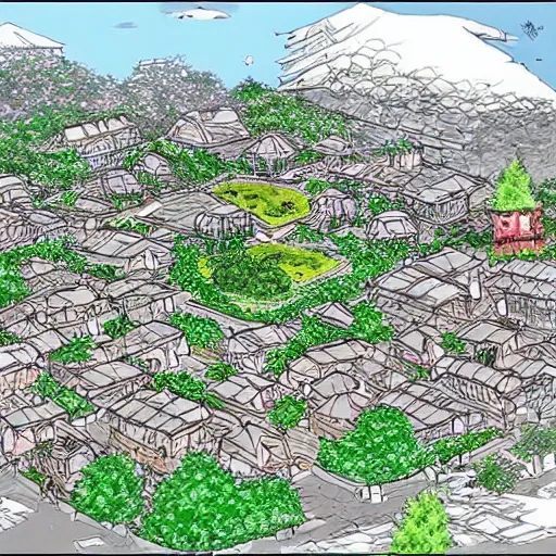 Image similar to concept art of a beautiful new village by masashi kishimoto