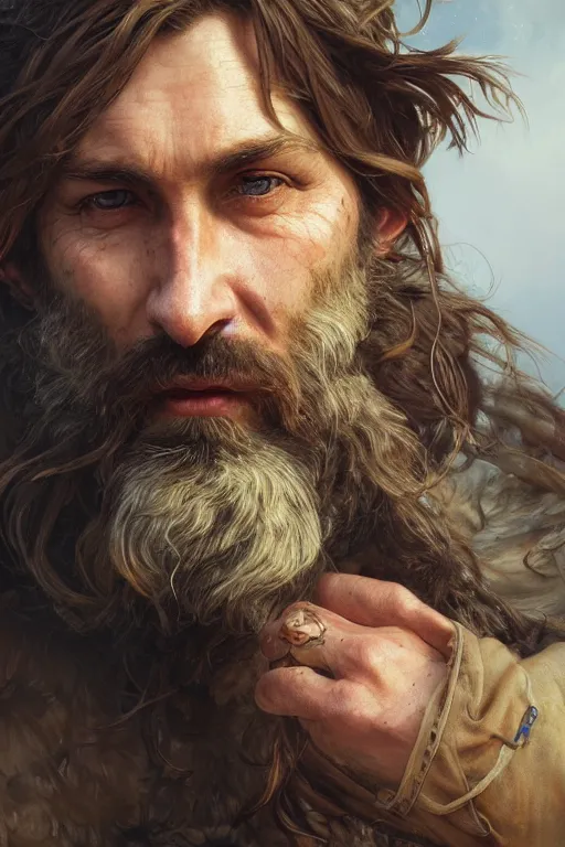 Prompt: close up portrait painting of a bearded wilderness man, ultra realistic, concept art, intricate details, serious, highly detailed, photorealistic, octane render, 8 k, unreal engine. art by artgerm and greg rutkowski and alphonse mucha