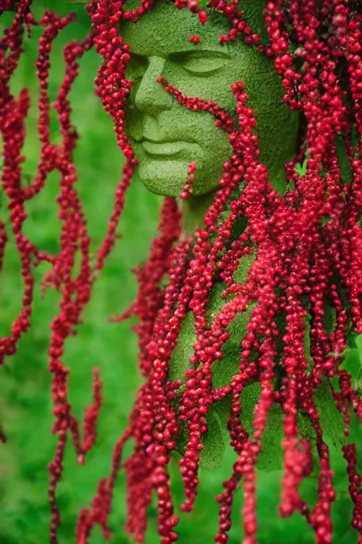 Image similar to a human figure made entirely out of redcurrant bushes ( ribes aureum ), surreal portrait, portra, 2 5 mm