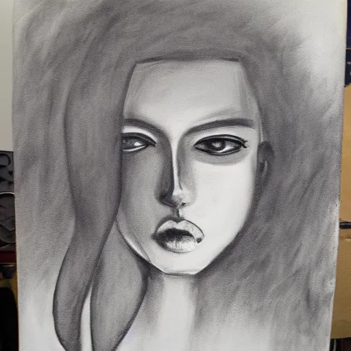 Prompt: a charcoal painting of a featurleess floating face