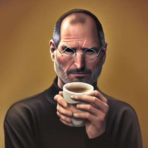 Image similar to A high definition photo of Steve Jobs drinking a cup of coffee on a couch in his living room, hyperdetailed, artstation, digital art, photorealism, accurate, 8k,