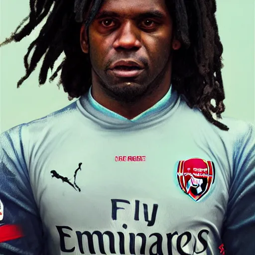 Image similar to portrait of Chief Keef as footballer for Arsenal Football Club, elegant, intricate, headshot, highly detailed, digital painting, artstation, concept art, sharp focus, illustration, art by artgerm and greg rutkowski and alphonse mucha