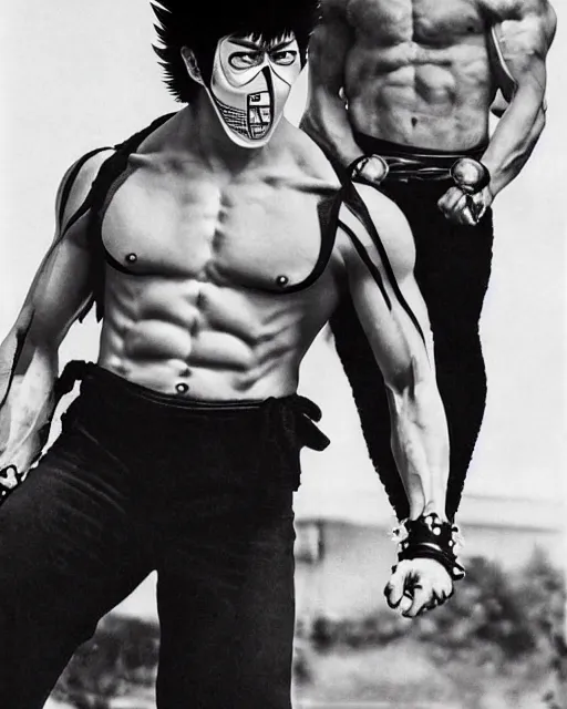 Prompt: Photograph of handsome muscular Japanese actor dressed as Kenshiro from fist of the North Star and as his brother Jaguar wearing his face mask, photorealistic, photographed in the style of Annie Leibovitz