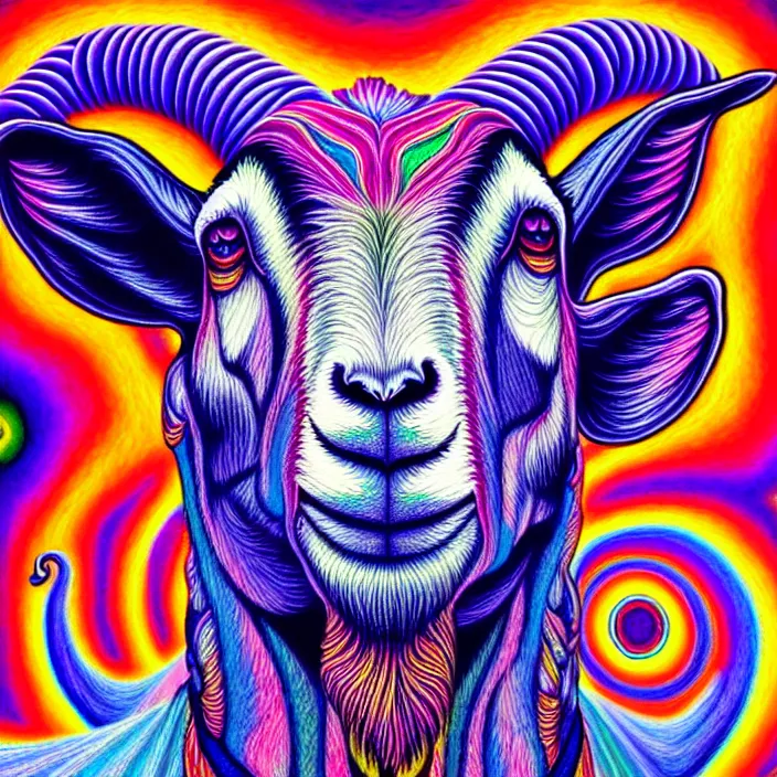 Image similar to psychedelic goats, by alex grey, intricate details, artstation, furry, beautiful