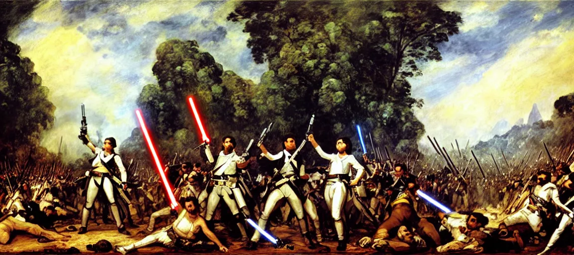 Image similar to liberty leading the people, french revolution, eugene delacroix, jedi, lightsaber, ewoks, at - st, tie - fighter, endor forest, oil on canvas