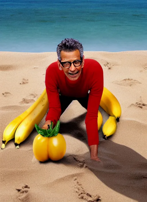 Image similar to jeff goldblum as a banana tomato on the sand of a beach