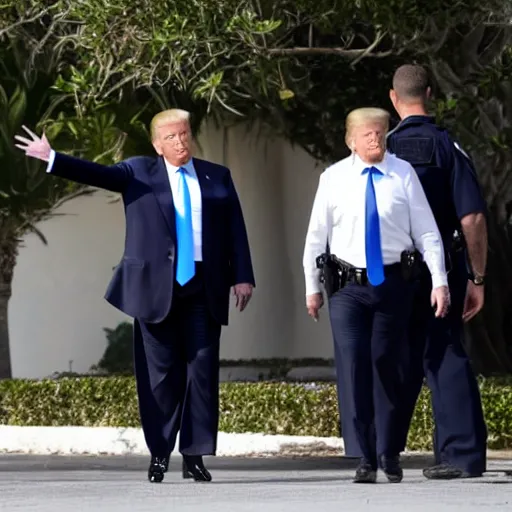 Image similar to Donald Trump appears as an arrested senior man at Mar-a-Lago, taken away by FBI, photo, press, high quality