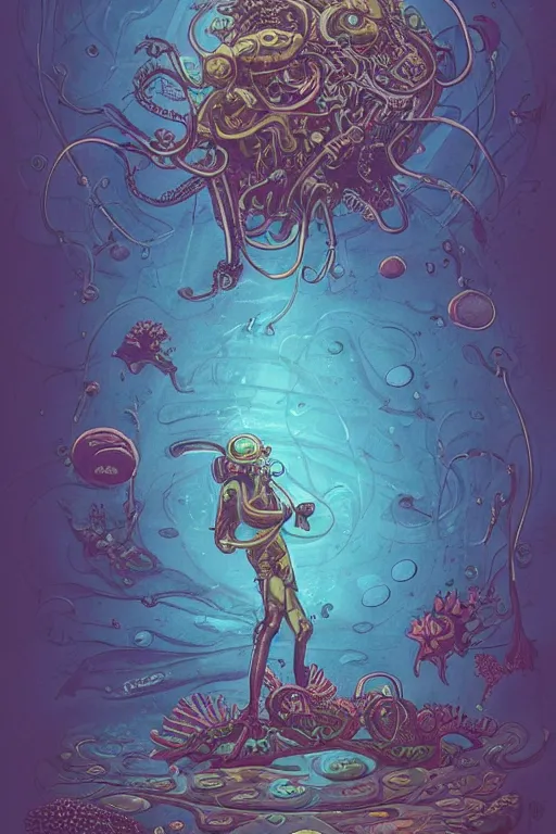 Image similar to a picture of mysterious colourful underwater creature, being discovered by a man in a steampunk diving suit. water is deep aquamarine coloured. poster art by james jean, concept art, behance contest winner, very detailed, award - winning. lovecraftian, cosmic horror, bioluminescence, submechanophobia