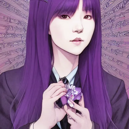 Prompt: kyoko kirigiri, a japanese girl with pale hair and a purple suit jacket, portrait by artgerm, greg rutkowski and alphonse mucha, absolutely gorgeous, detective