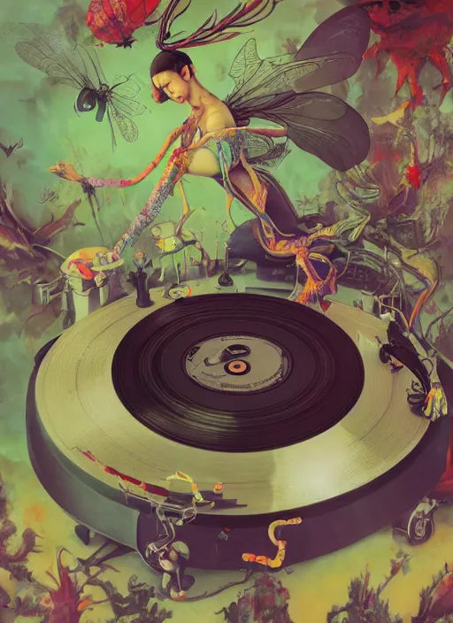 Prompt: surreal gouache painting, by yoshitaka amano, by ruan jia, by Conrad roset, by good smile company, detailed anime 3d render of a Magical flying Vinyl records , DJ Mixer, deck surrounded by Dragonfly,flying Vinyl records, controller, portrait, cgsociety, artstation, rococo mechanical and Digital and electronic, dieselpunk atmosphere