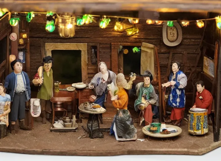 Prompt: group of travelers drinking beer & singing in a tavern as tiny miniatures diorama, directed by Nobuhiko Obayashi