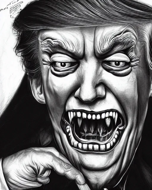 Prompt: donald trump as dracula with fangs out, character portrait, close up, concept art, intricate details, highly professionally detailed, hyperrealist, in the style of otto dix and h. r giger