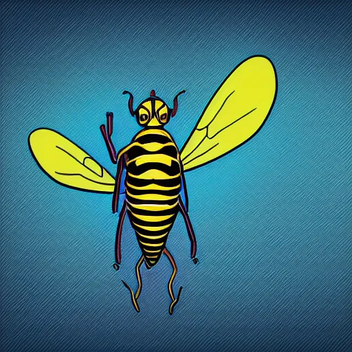 Image similar to human man that resembles a wasp morh in surreal sketch style, blue and yellow gradient, noise, ultrafine detail, hd 8k, logo illustration