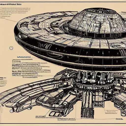 Prompt: a menacing alien mothership, glowing accents, blueprint