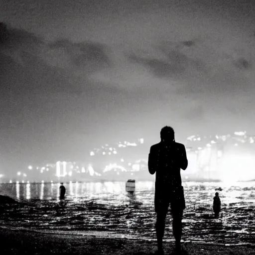 Image similar to guy crying on the beach of vernazzola genova alone. rain. dark. night. broken heart.
