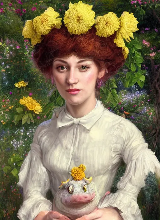 Prompt: close-up portrait of young white witch, with short yellow hairs, two pigtails hairstyle, with a cute frog, in the garden, in white messy flower crown of white wild flowers, in formal shirt with Hufflepuff tie, painting in the museum, highly detailed, sharp focus, digital painting, artwork by Kinkade, by Victor Adame Minguez by Yuumei by Tom Lovell by Sandro Botticelli