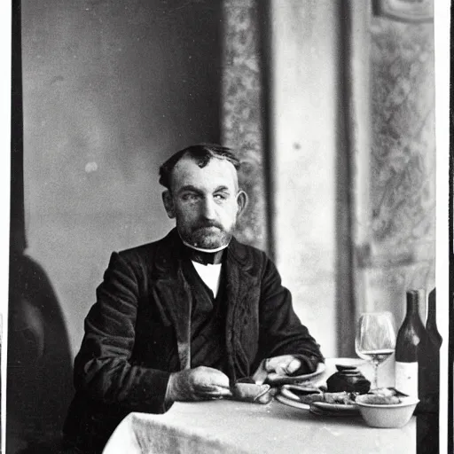 Prompt: photograph of a frenchman seated at a table with a bottle of wine in 1 9 2 0. colorful, award winning photography, 5 0 mm, extremely detailed face