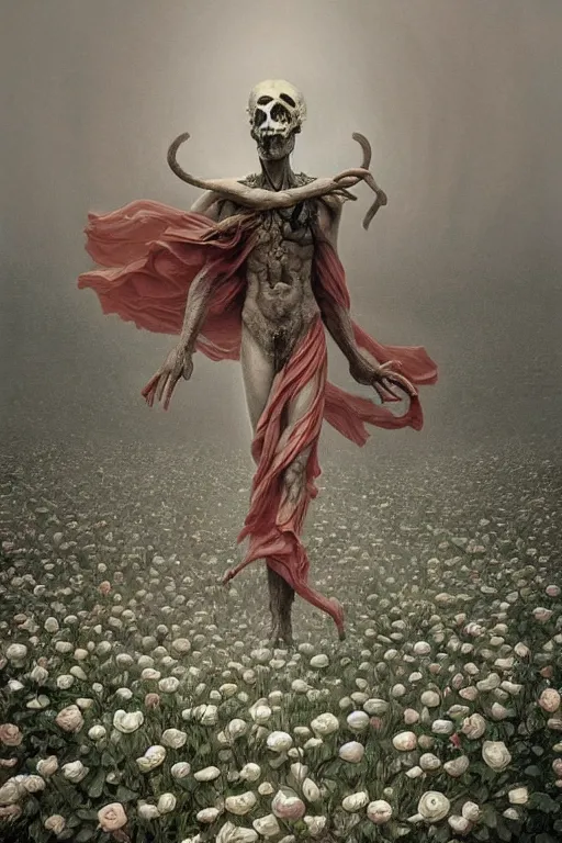 Image similar to Surreal God of Death Floating in the air, in the middle of a garden of white roses, photo realistic, insanely detailed, mist, trending on artstation, golden ratio, ultra super good realistic 3D render by Gerald Brom and Zdzisław Beksiński