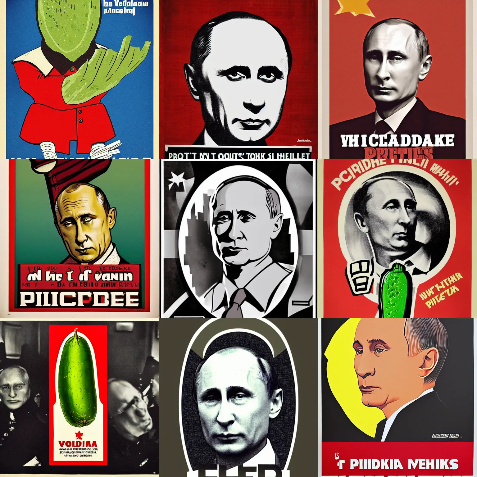 Prompt: propaganda poster of a pickle that looks like vladimir putin