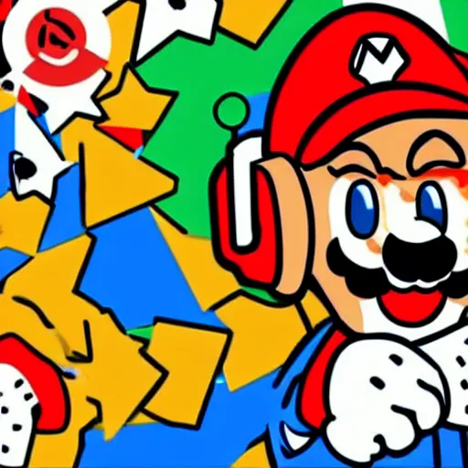 Image similar to svg sticker of a Pop-Wonder SuperMario, Mario-Wearing-a-red-hat, at a rave, spinning records, giant headphones rocking out, wearing headphones, huge speakers, dancing, rave, DJ, spinning records, digital art, amazing composition, rule-of-thirds, award-winning, trending on artstation, featured on deviantart