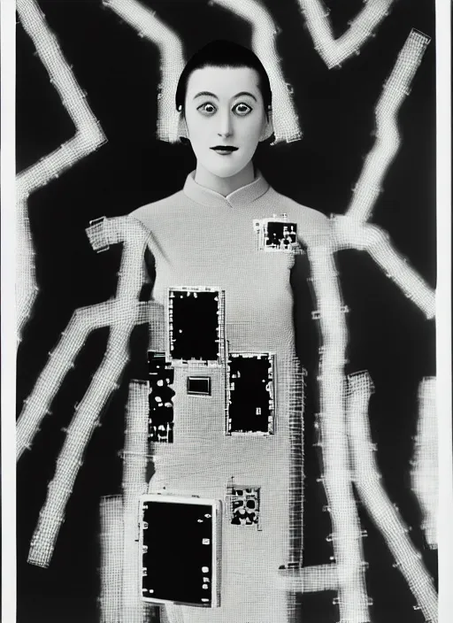 Image similar to Portrait of a fractal cosmonaut girl wearing kimono made of circuits and leds, surreal photography by Man Ray