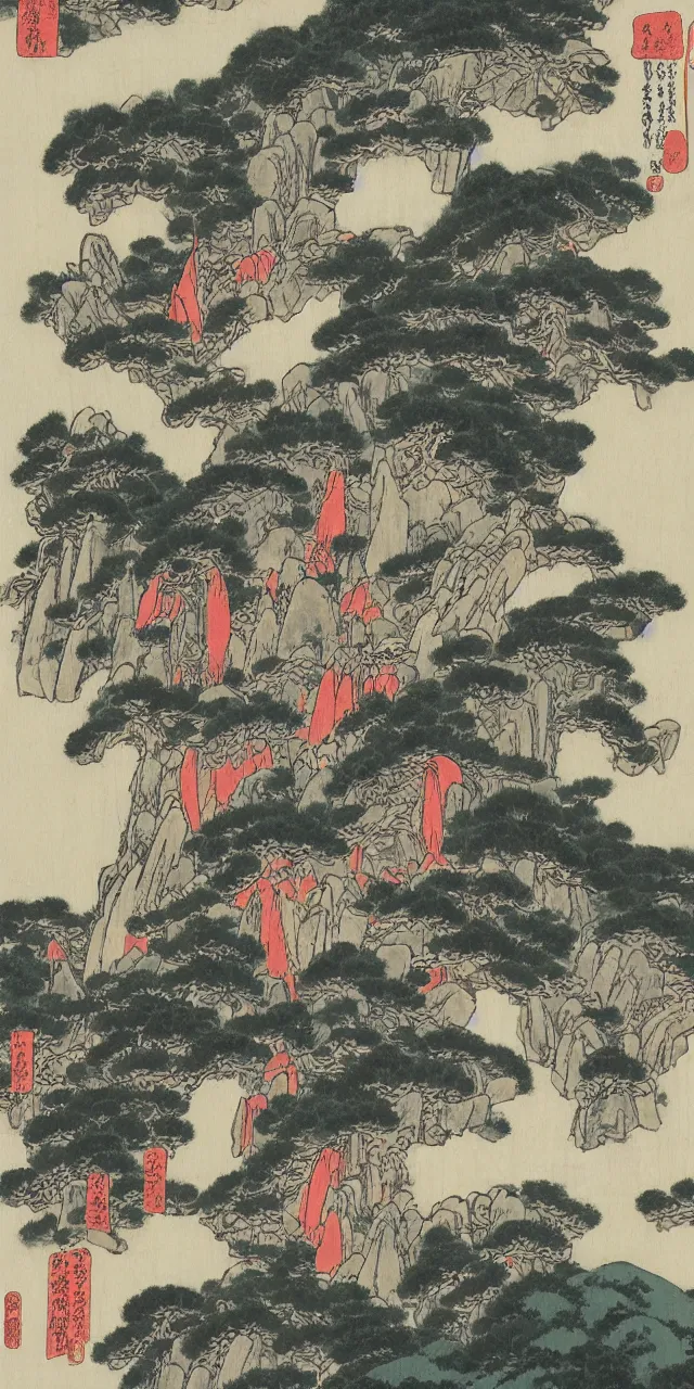 Image similar to taoist temples in huangshan, artwork by katsushika hokusai